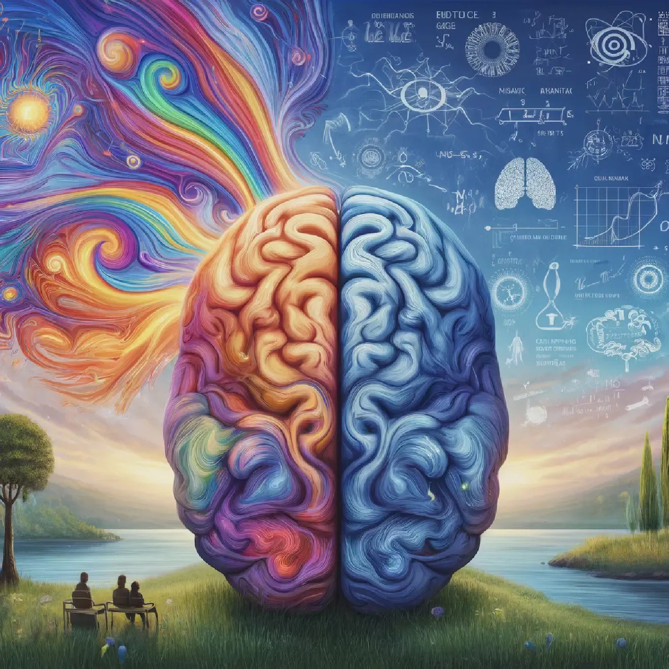 DALL·E 3 Prompt: "An illustration depicting the human brain split into two halves. The left half represents fast, intuitive, and emotional thinking, filled with vibrant, quick images like lightning bolts and colorful swirls. The right half represents slow, analytical, and logical thinking, with detailed diagrams, mathematical equations, and calm blue tones. In the background, a serene landscape with a pond and trees symbolizes the mind's complexity and balance."