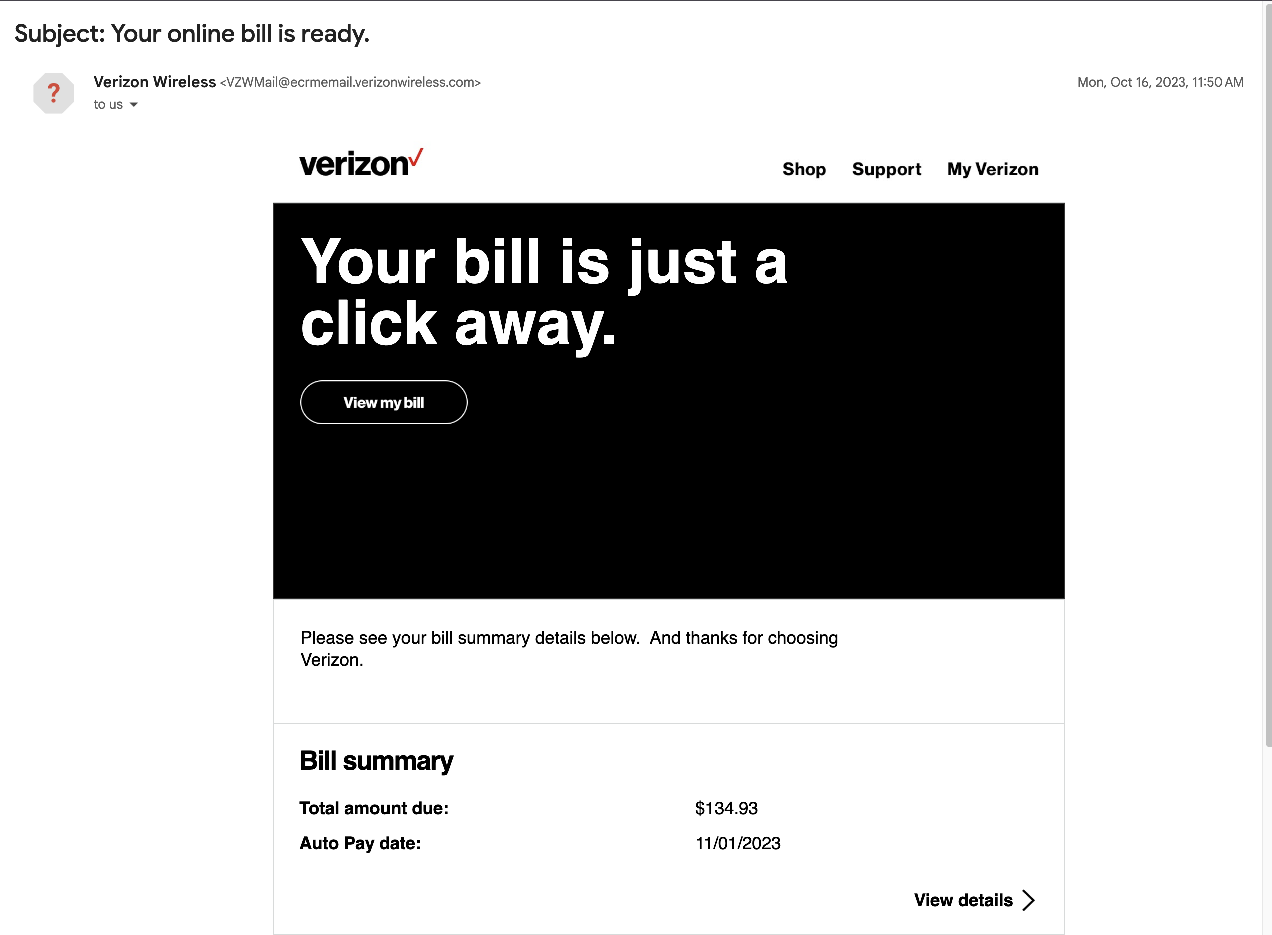 Verizon Bill Email Screenshot