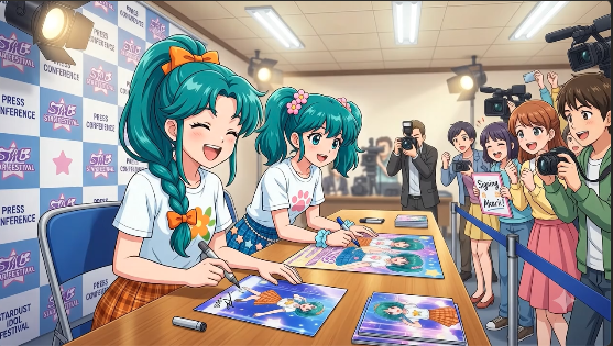 Seiko y Himari firmando autografos