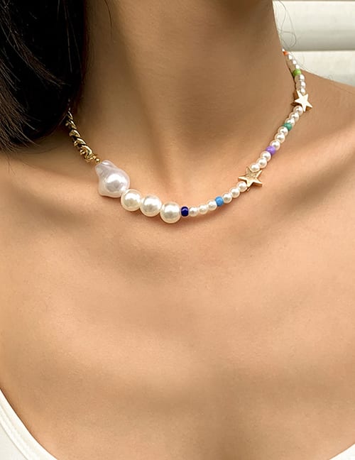 Collar Dorado de Perlas y Chaquiras Multicolor CL-13773