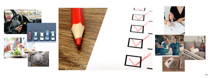 Collage con una matita rossa che spunta le caselle di una checklist, circondata da foto di spostamenti in auto, pasti, monete, riunioni e una gamba ingessata.