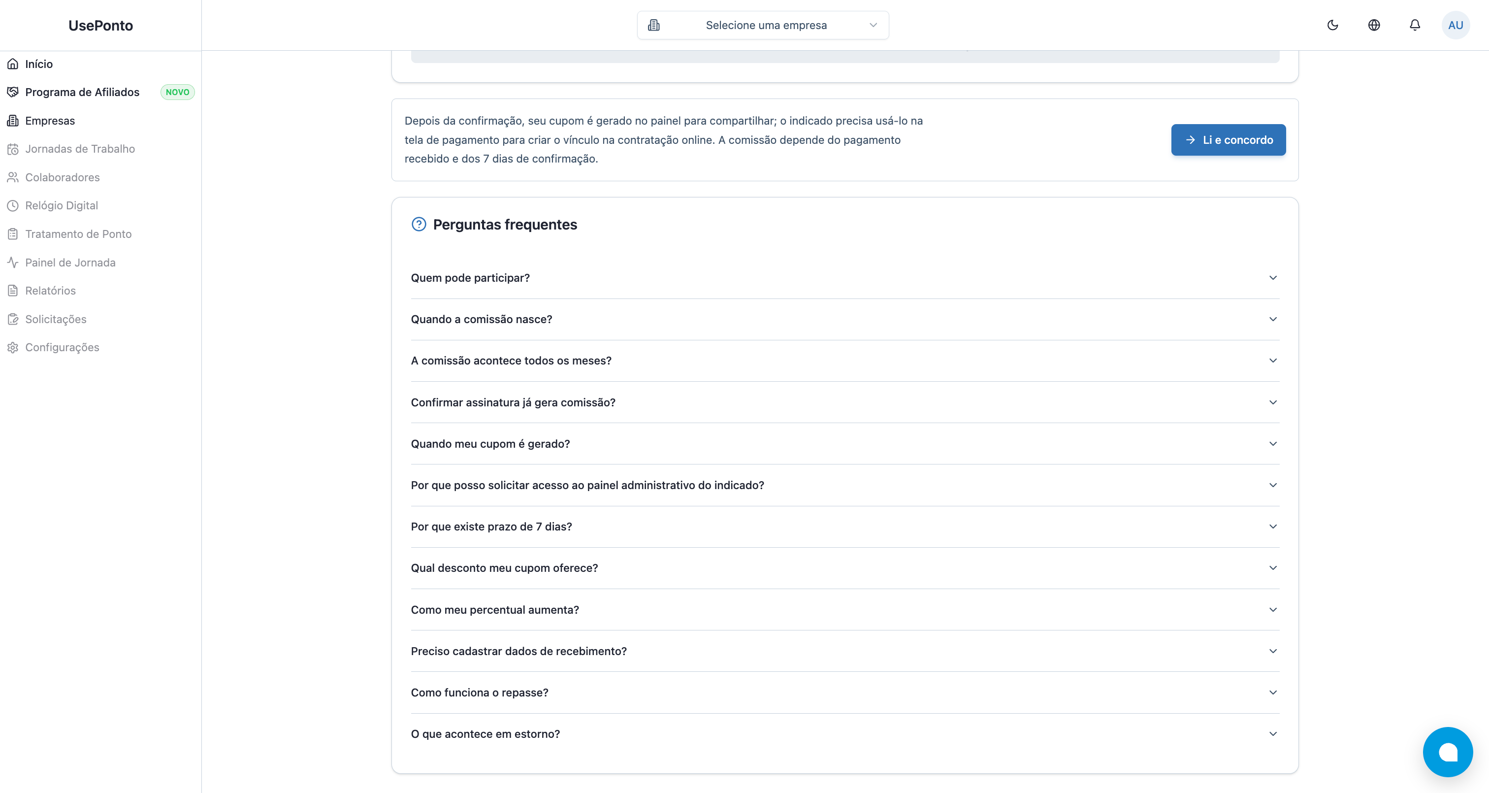 Perguntas frequentes do Programa de Afiliados dentro do portal UsePonto