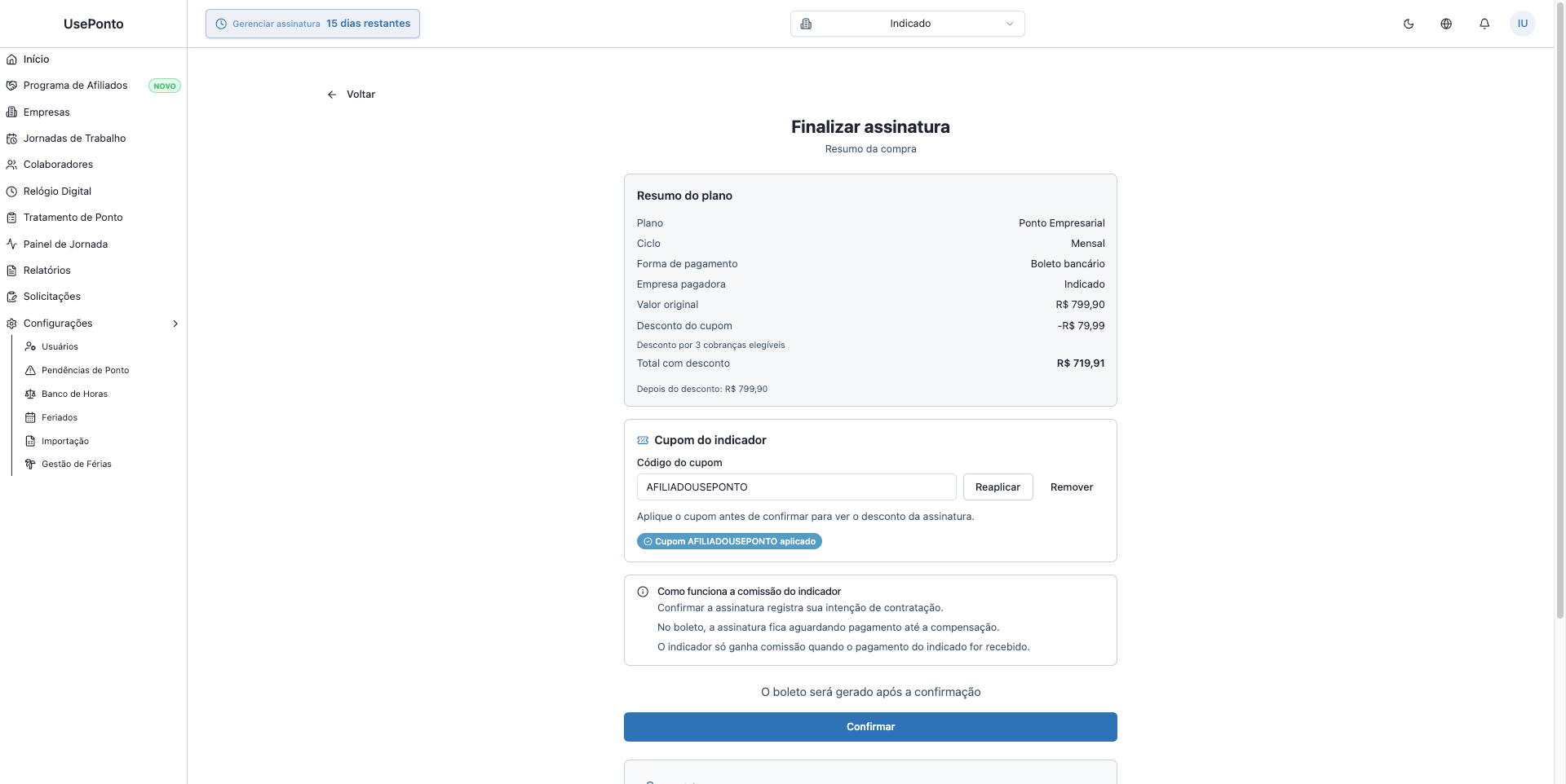 Checkout do indicado com cupom do afiliado aplicado e desconto visível