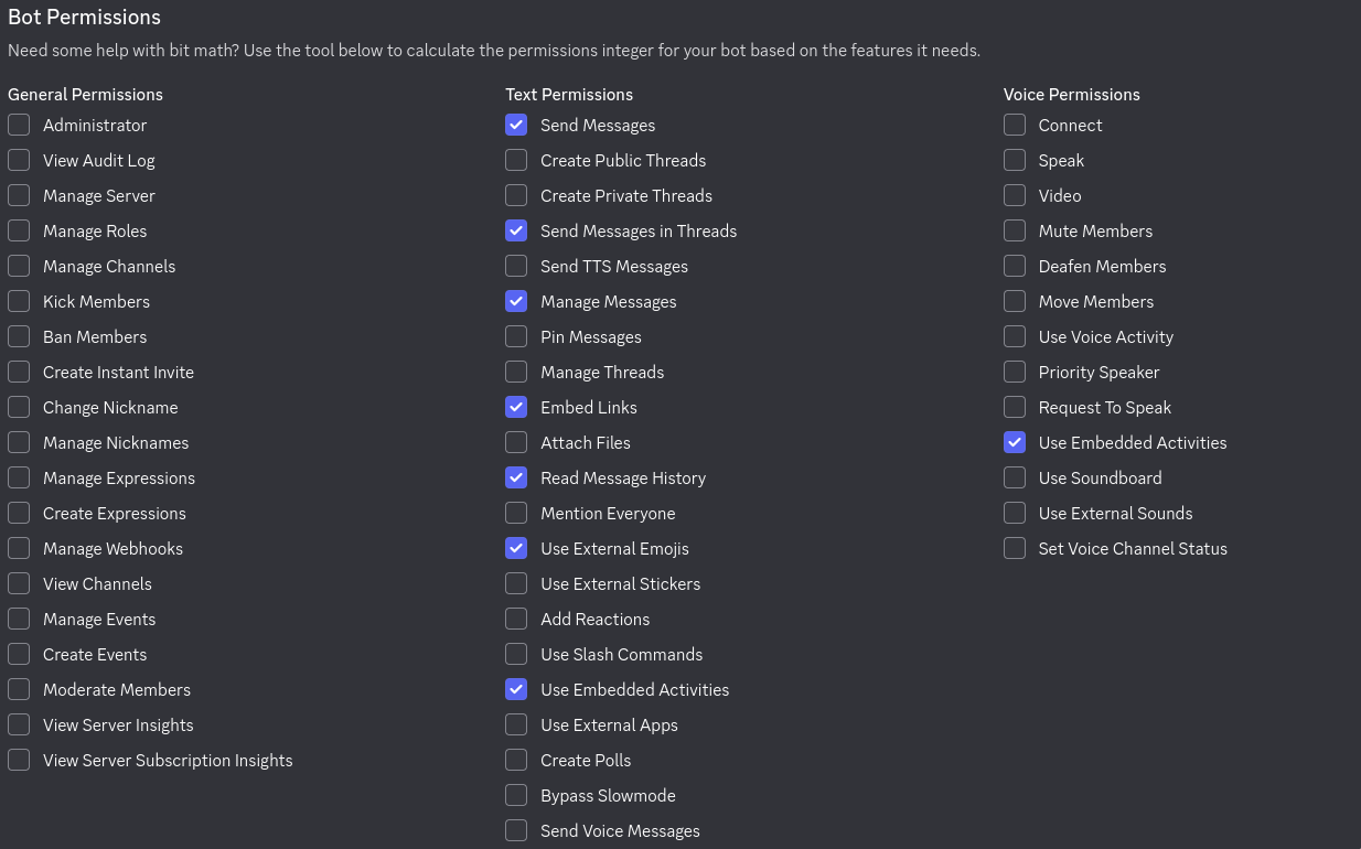 Permissions à accorder au bot