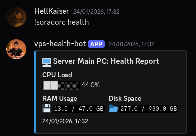 Rendu de la commande health affichant les métriques système