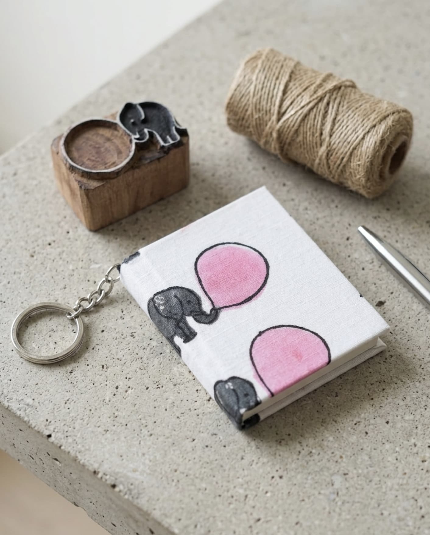 Hand Block Printed Handmade Diary Keychain – Elephant Balloon Design