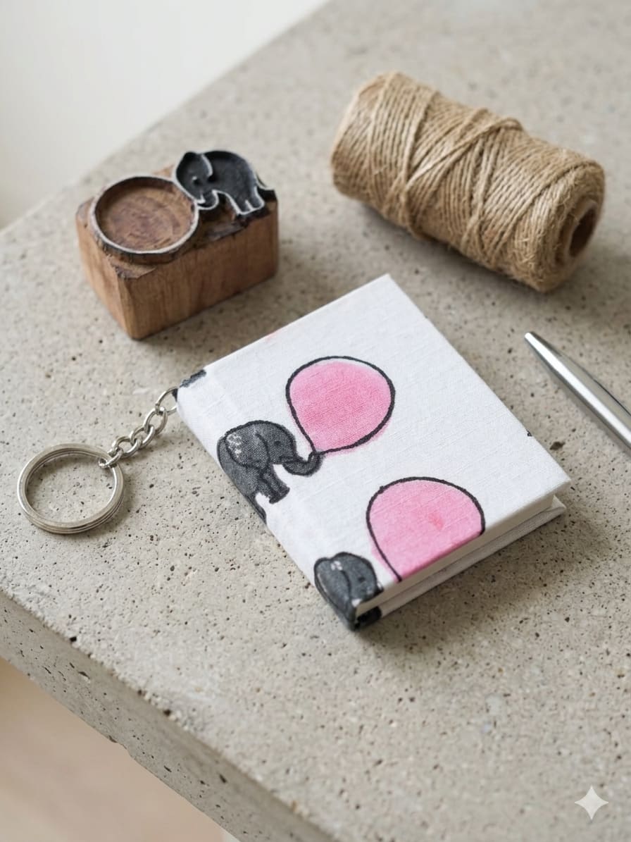 Hand Block Printed Handmade Diary Keychain – Elephant Balloon Design