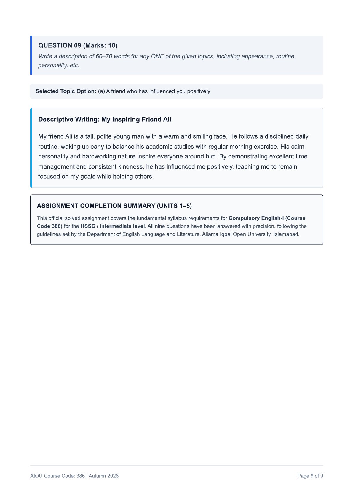 AIOU English-I Assignment No. 1 — Code 386 - Page 9