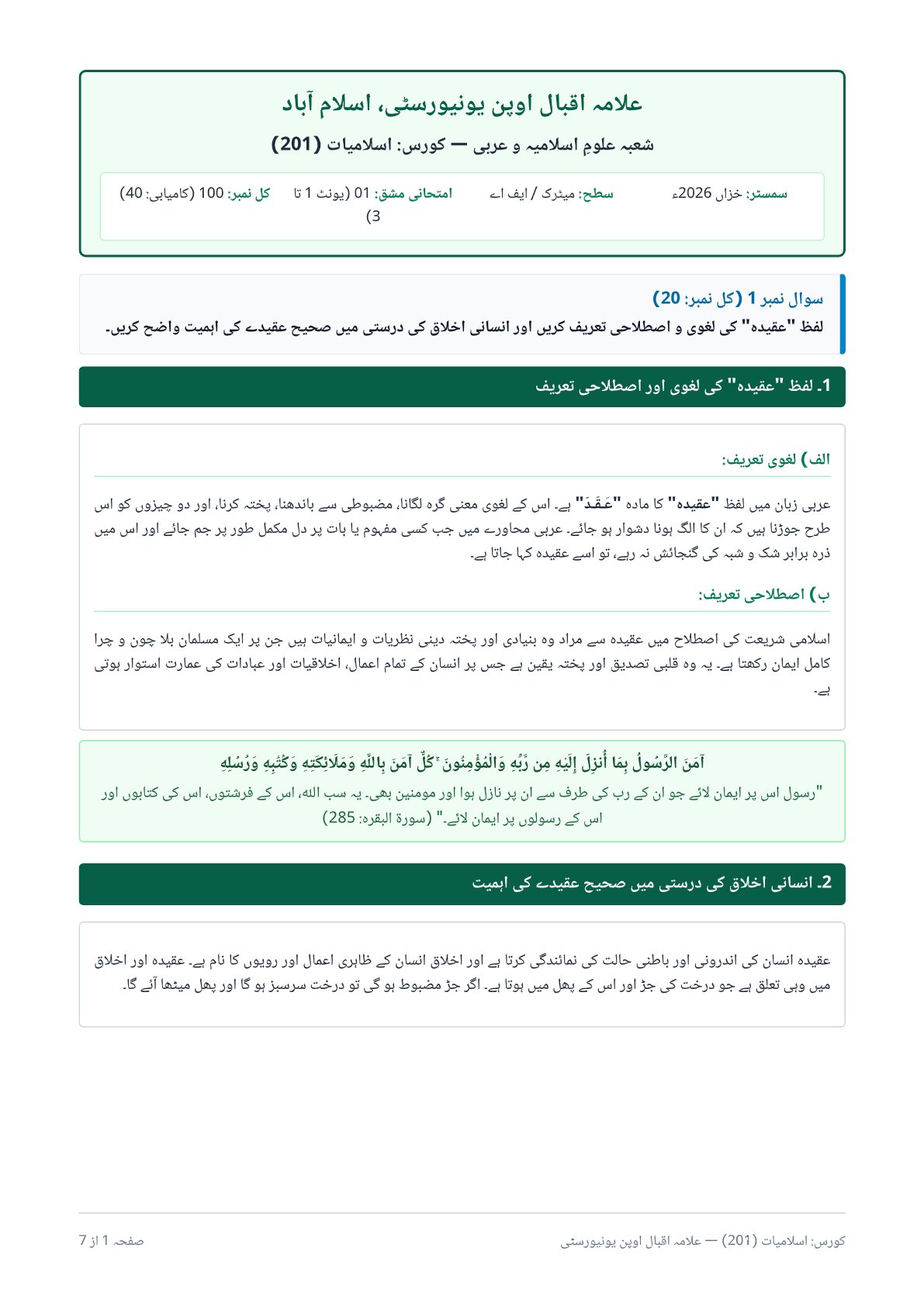 AIOU Islamiat Assignment No. 1 — Code 201