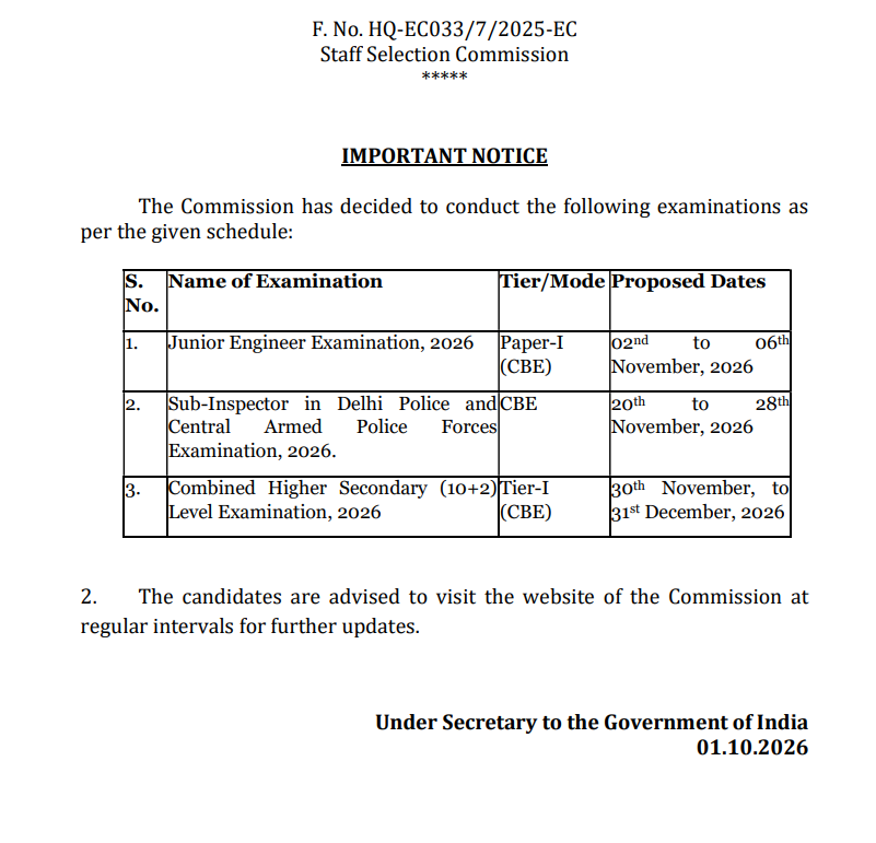 SSC JE 2026 Exam Dates Notice - Paper-I CBE 2nd to 6th November 2026