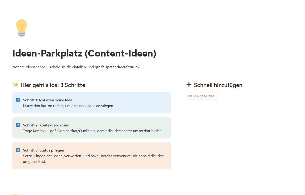 Notion Ideen-Parkplatz Startseite