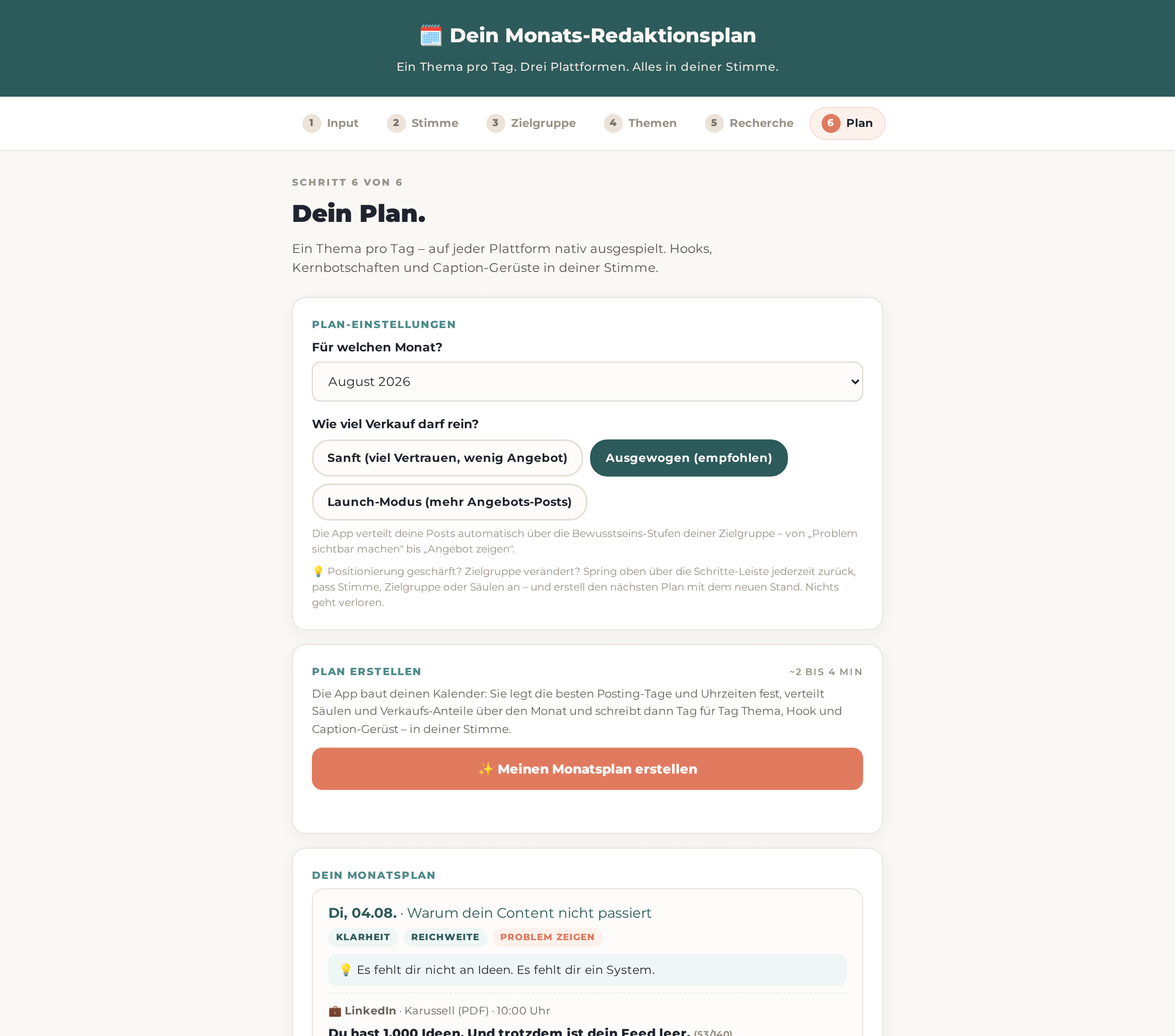 Echter Monatsplan aus der Redaktionsplan-App mit Tages-Themen, Hooks, Formaten und Uhrzeiten für drei Plattformen