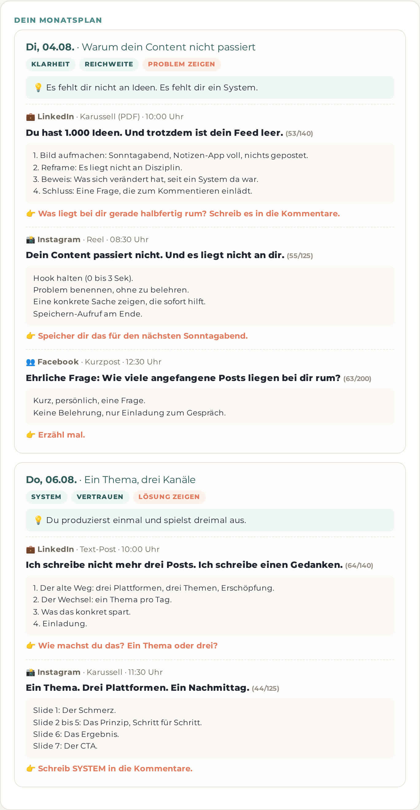 Plan-Detail aus der Redaktionsplan-App: ein Tages-Thema mit drei nativen Posts inklusive Hook, Caption-Gerüst und CTA