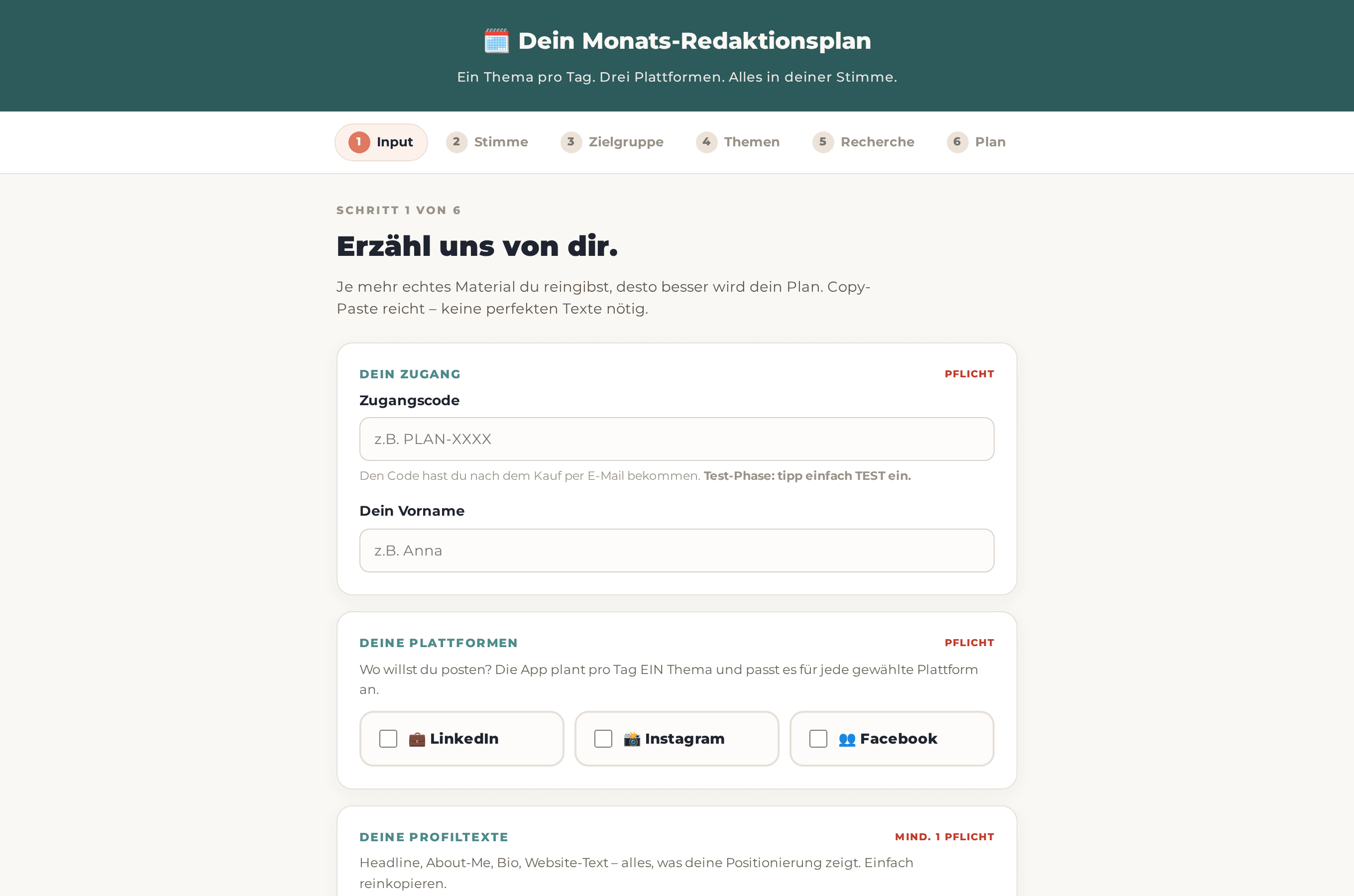 Startschritt der Redaktionsplan-App: Plattformen auswählen und eigene Profiltexte eintragen