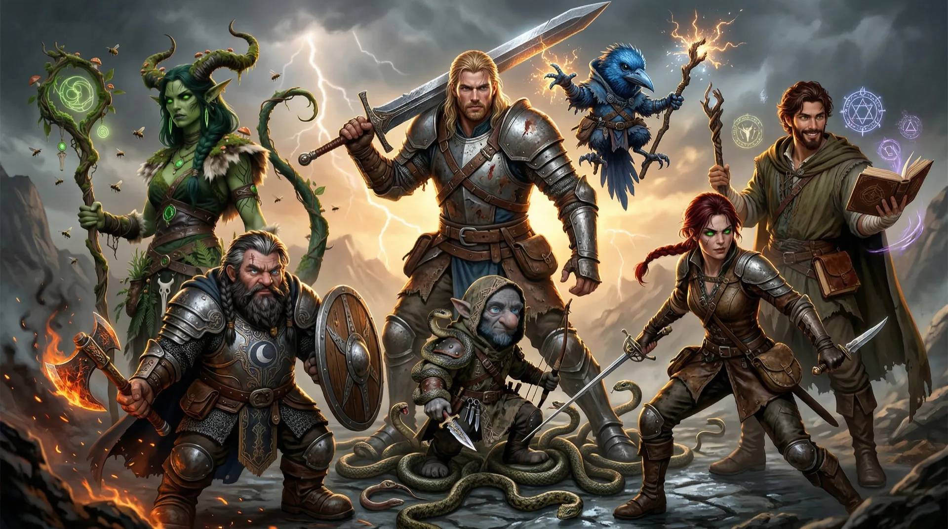 Fantasy party in battle formation with weapons drawn and spells crackling