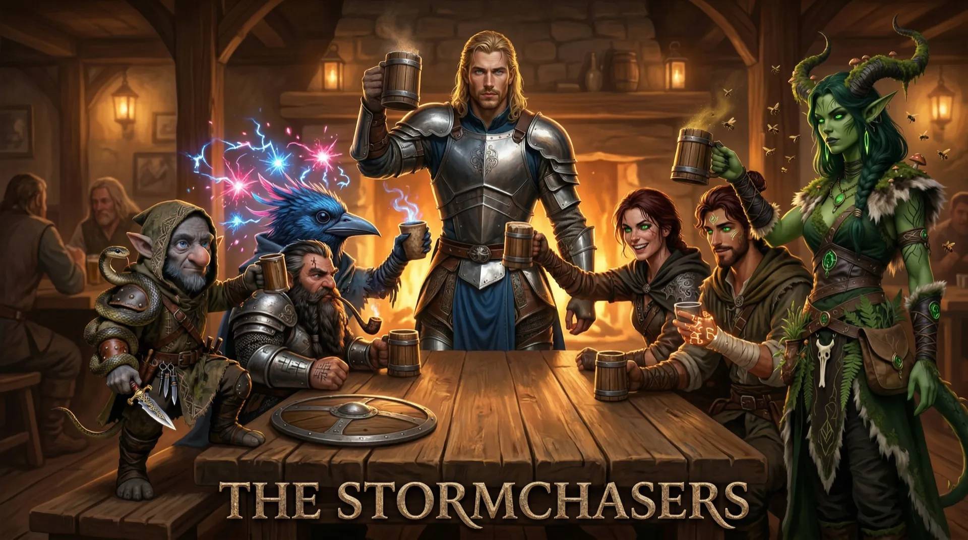 D&D party gathered around a scarred oak table in a warm tavern