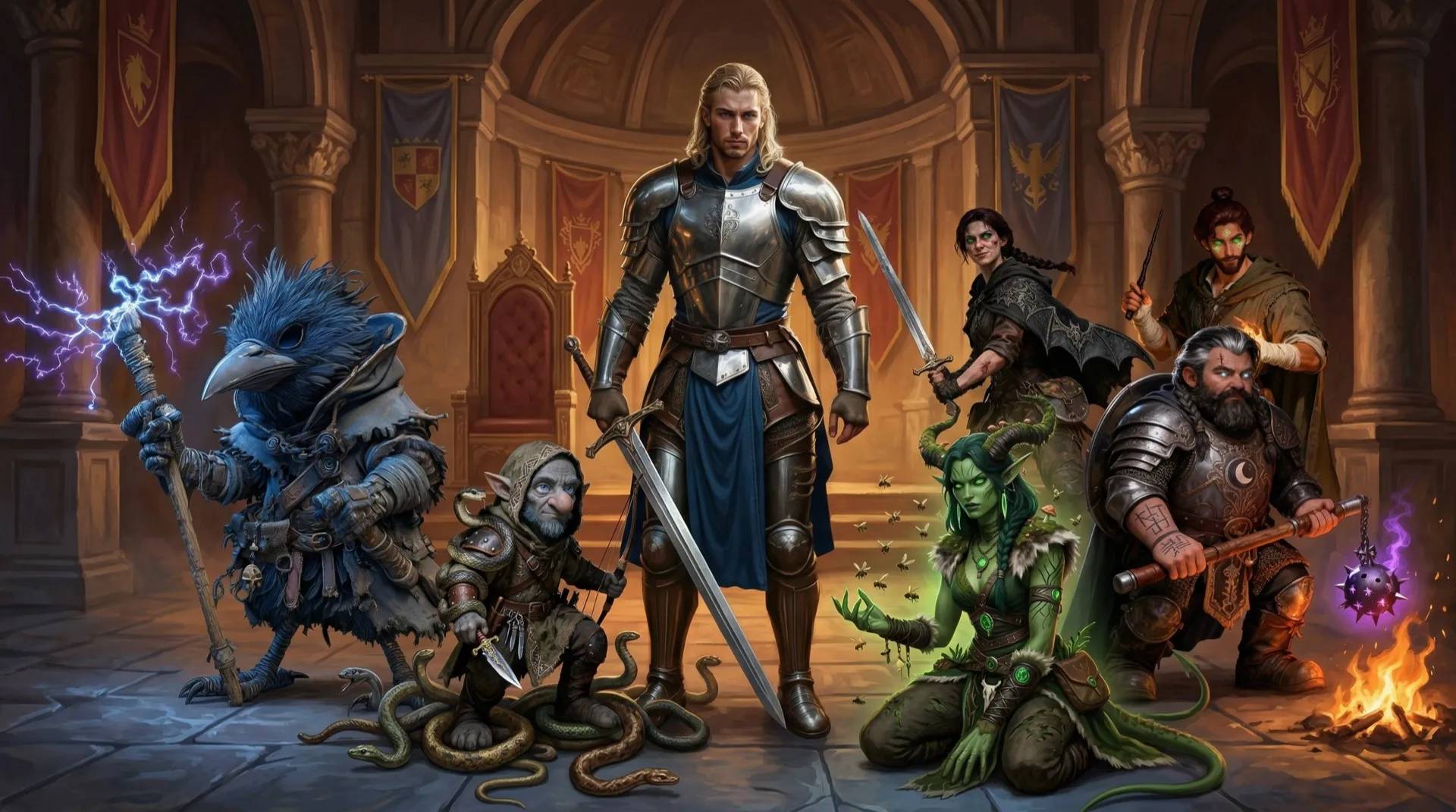 Adventuring party standing before a throne in an ornate castle hall