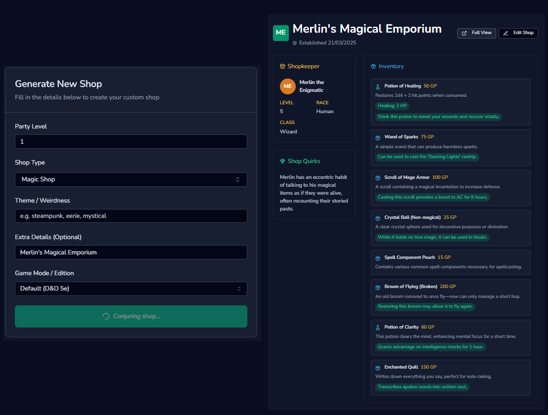 Shop Generator showing a magical fantasy shop with list of items