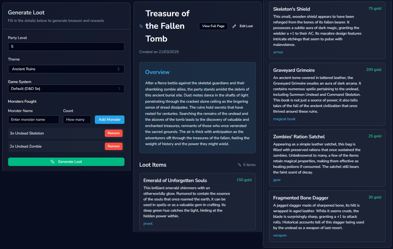 Loot Generator showing a loot table with a list of items