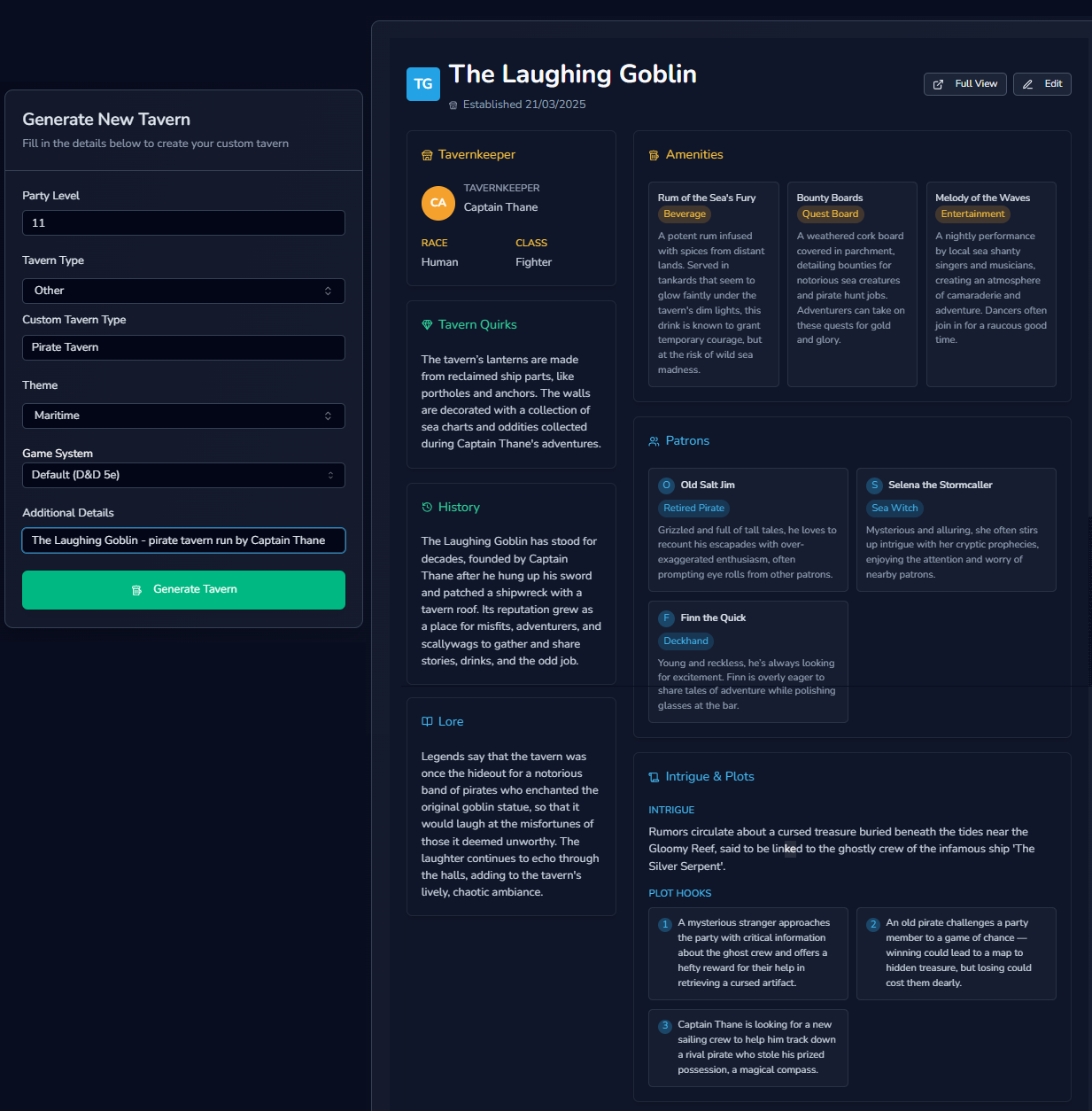 Tavern Generator showing a cozy fantasy tavern with atmosphere description
