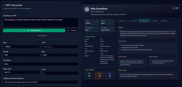 NPC Generator showing a detailed character portrait with character sheet