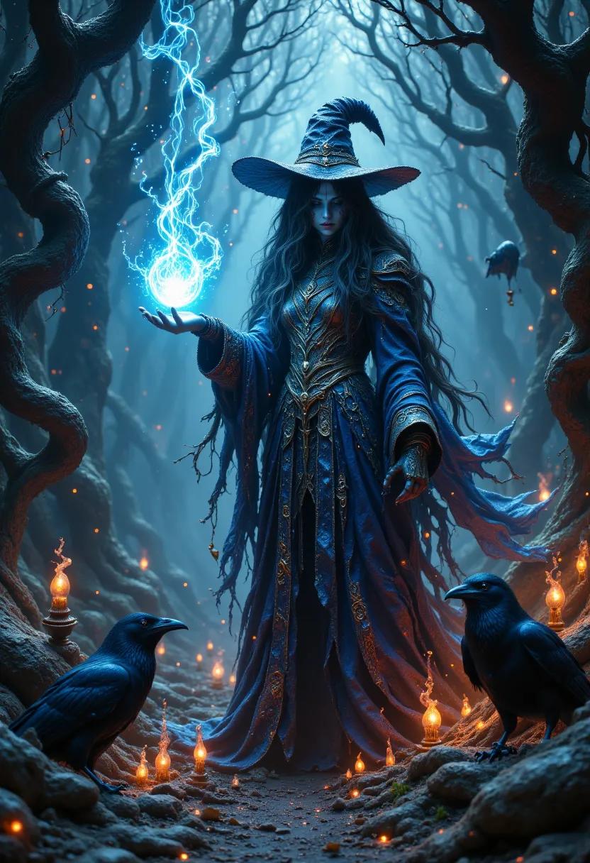 Branwen Umbra is an ethereal cleric, aged yet timeless, with shimmering alabaster skin and onyx hair that twists like smoke. Her pupilless, swirling silver-black eyes reflect wisdom and mystery. Clad in intricately layered black garments and a prominent holy symbol, she wields a dagger and is accompanied by whispered ravens, embodying strength and charm amidst her haunting beauty.