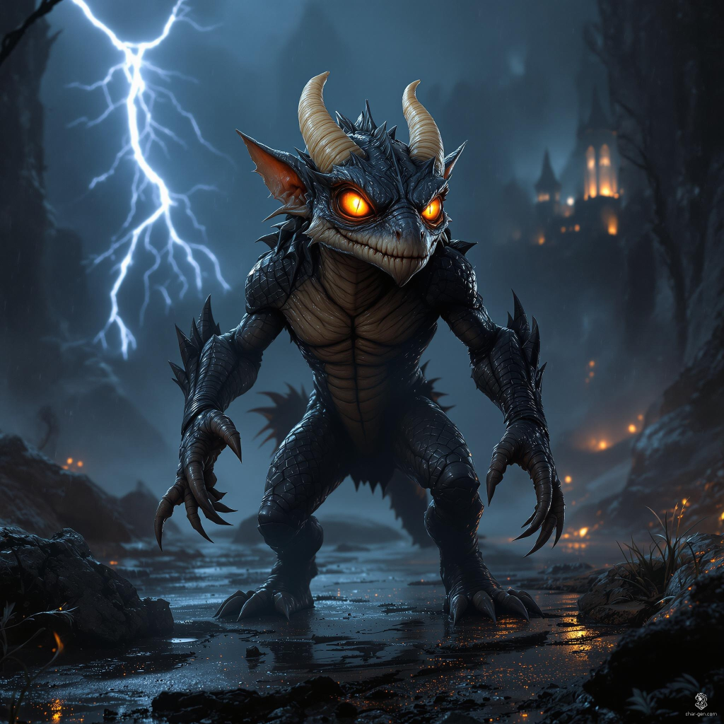 In the heart of a tempest, a startled kobold flickers into view, its burnt orange eyes gleaming with mischief. Standing between 2 and 2.5 feet tall, its scaly dark skin glistens under lightning's glow, accentuating ivory horns and sinewy, double-jointed legs. Shadows dance around this cunning creature, revealing a long, clawed jaw, ready for adventure or mischief.