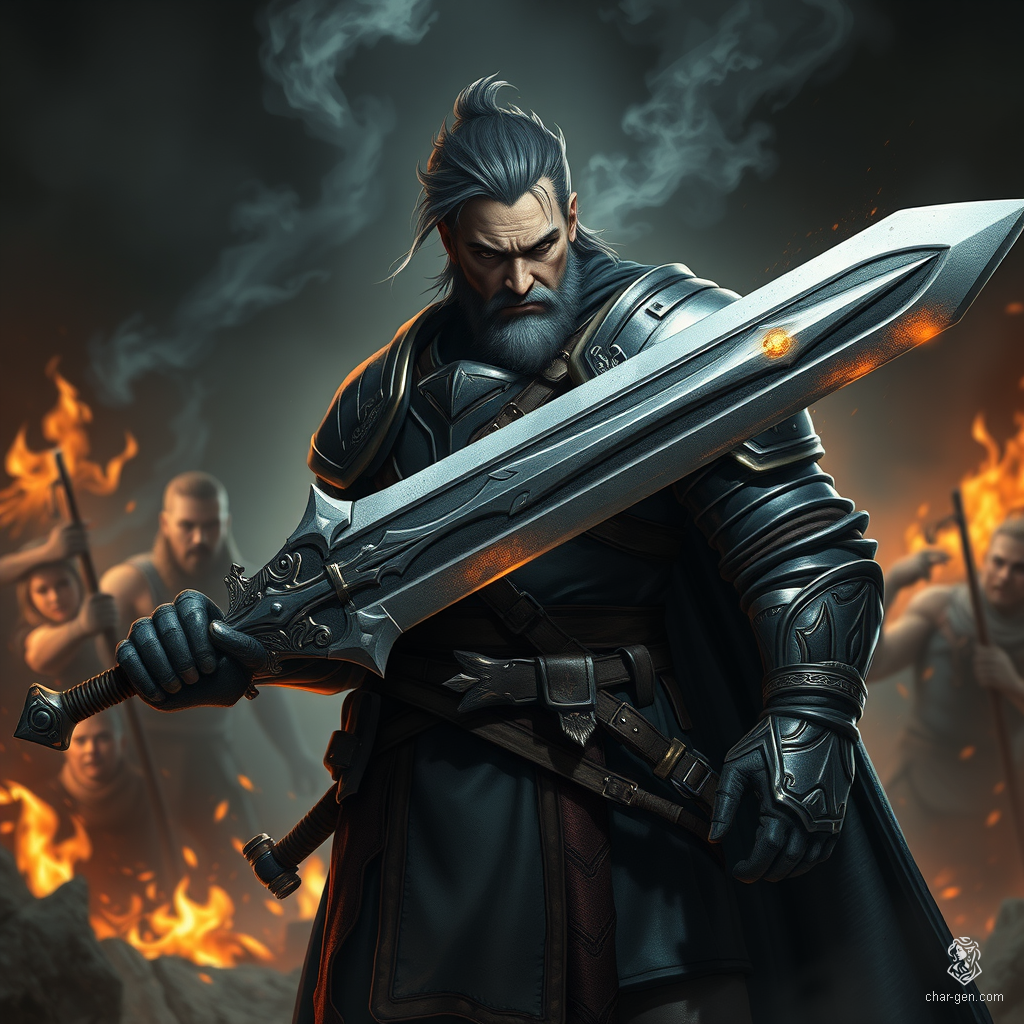 Sig Curtis is a towering figure at 2 meters tall, exuding a gloomy determination. Clad in battered half armor and wielding a beautifully intricate great sword, he stands ready for battle, enveloped in a shadowy aura as chaos erupts around him.