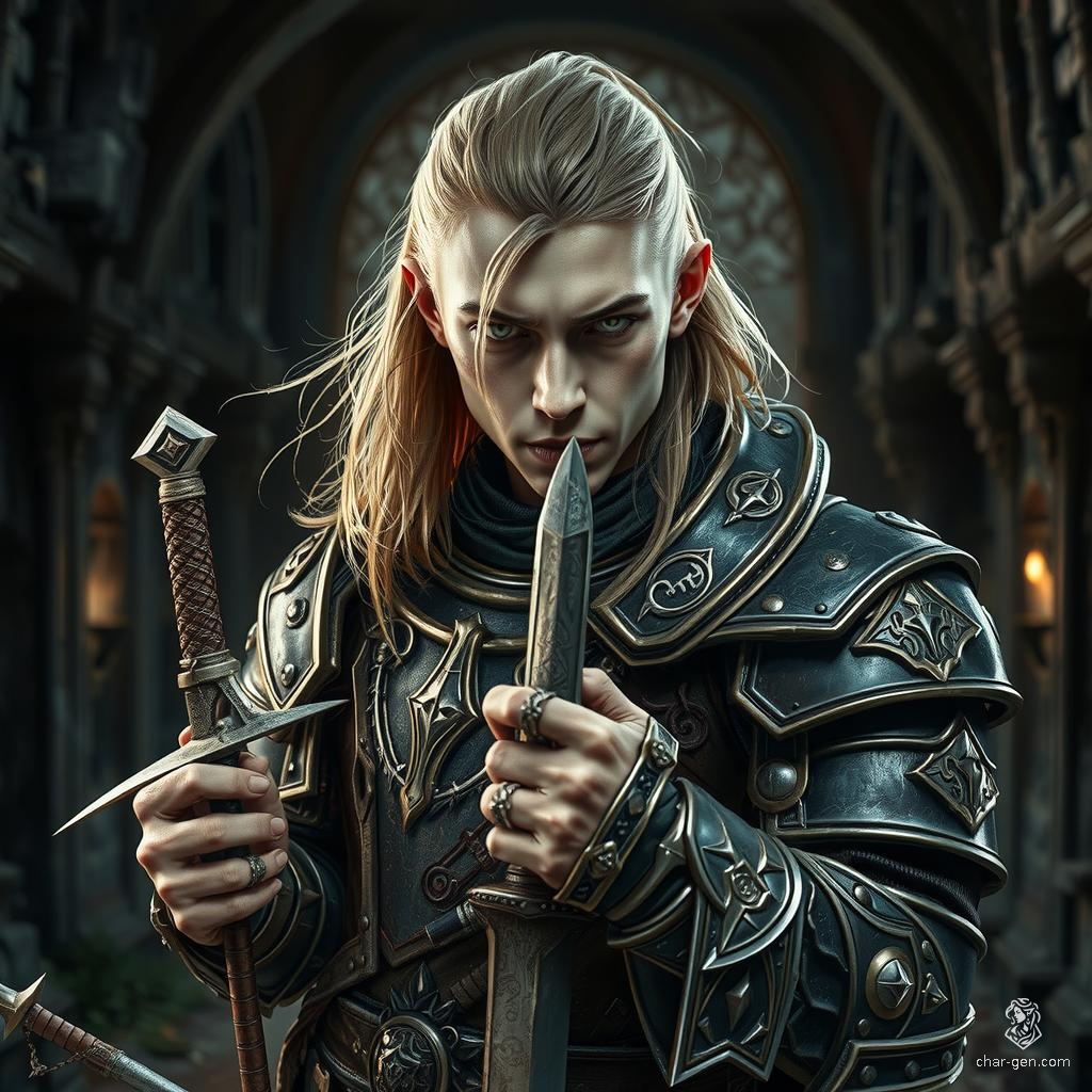 Logan is a 27-year-old noble human paladin of House Falendar, standing 6'2" with long blond hair and striking blue eyes. A strong, nimble, and intelligent warrior driven by honor and vengeance, he now forsakes his noble title, fighting for those who cannot defend themselves.