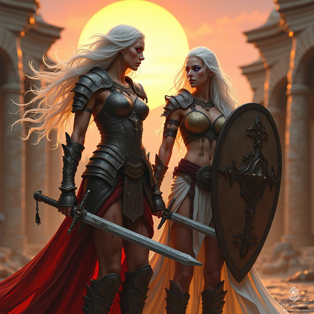 In a grand ancient gladiator arena, two formidable Drow sisters prepare for battle. The tall, fierce warrior brandishes dual swords, her flowing white hair and piercing red eyes radiating strength. Beside her, the stocky, scarred sister stands resolute with a battered shield, embodying resilience and unity in the face of danger.