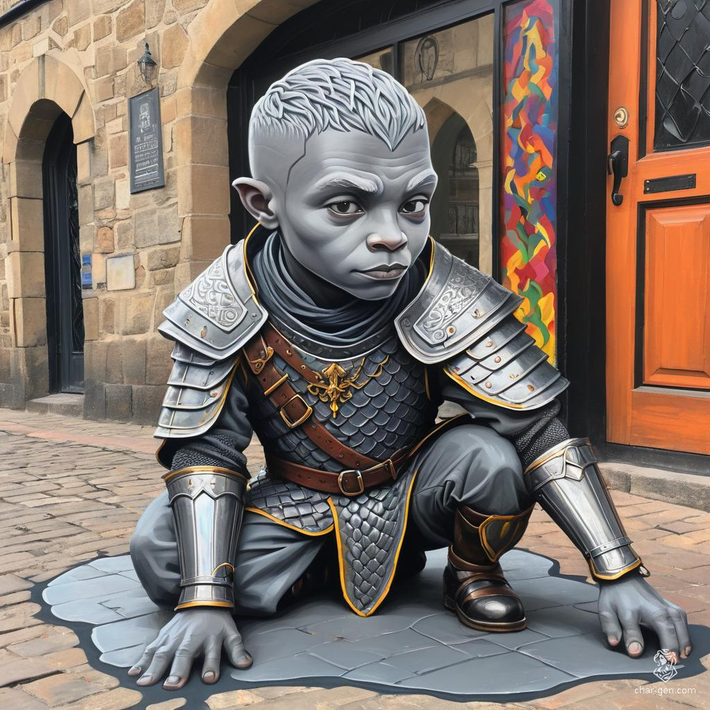 A vigilant, grey-skinned ranger with a pixie cut, wearing chainmail and ranger gear, tirelessly guards the city's gates and patrols its streets. Part of a group of disciplined soldiers in battered armor, all identifiable by their bright red armbands and chest ranks.