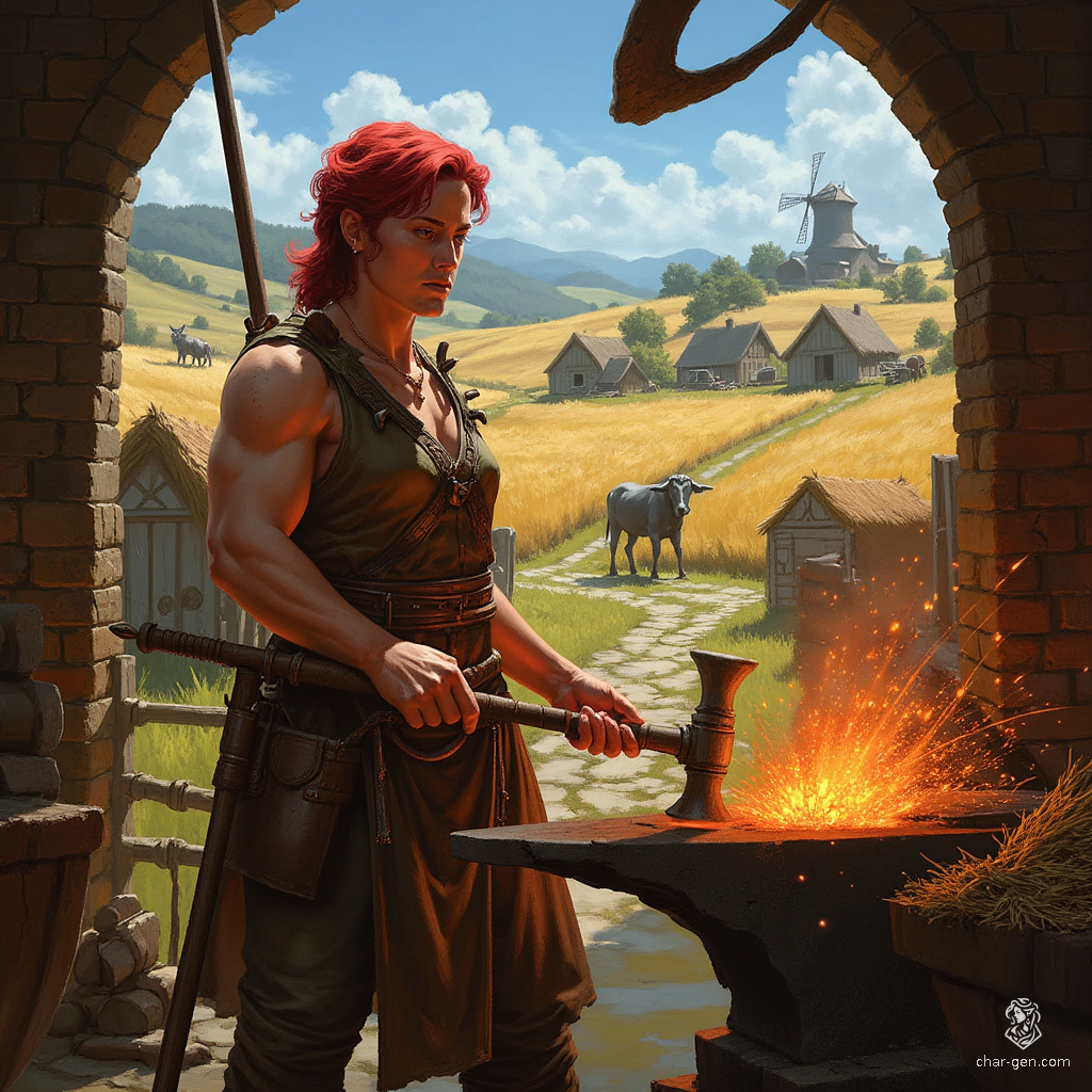 A striking female farrier with a bold cherry-red mane, she melds strength and skill as she forges tools and weapons. Her athletic build and distinct tan skin radiate power, while the rhythmic clang of hammer on anvil echoes her fierce dedication to her craft.