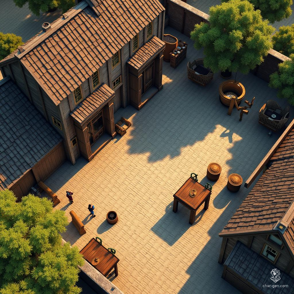 Nestled in a vibrant, bustling town, this inn features weathered wooden beams and flickering lanterns. Inside, patrons share tales amid the clinking of tankards, while hidden compartments hold ancient maps. Beware of the floorboards that creak – they may hide traps set by a mischievous rogue lurking nearby.