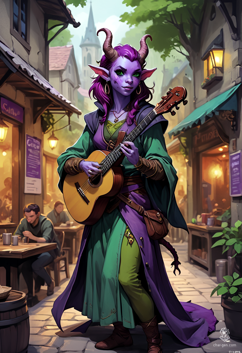 Lyrica Chantenuit, a 25-year-old tiefling bard, captivates audiences with her magical lute. With striking purple skin and rich plum hair accentuating her devil-like horns and long tail, she exudes charm. Despite her youth and soldier training, her nimble grace and intelligence shine, enchanting all who encounter her.