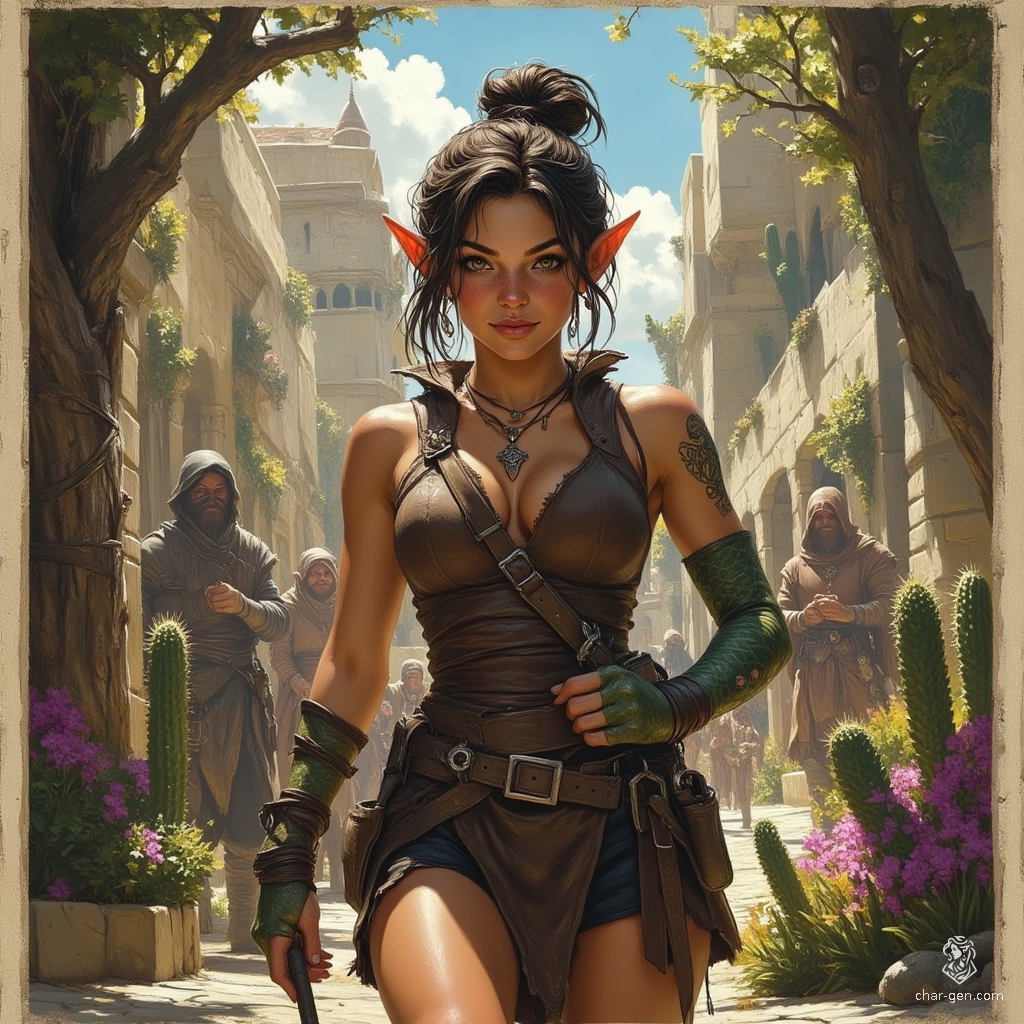 Izzy, a young and perky halfling assassin, expertly wields her crossbow and hides daggers beneath her dark leather tunic. With snake-like yellow-green eyes and green snake-scale tattoos, she embodies both beauty and danger, lurking in the shadows, ever vigilant for her next target.