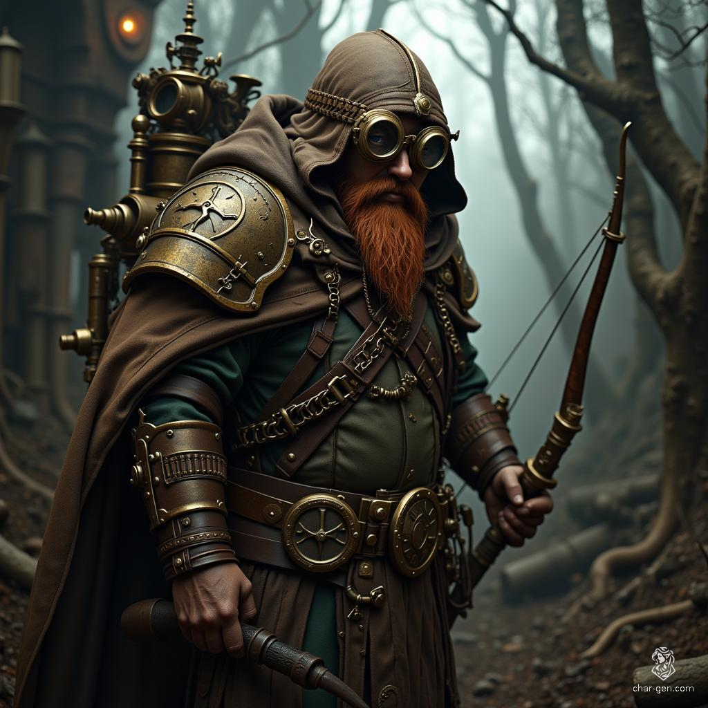 Rurik, the male dwarf hunter, dons chainmail armor beneath a weathered brown cloak. His medium red hair and beard stand out against his tan, darkly textured skin. Equipped with intricate goggles and mechanical devices, he expertly tracks prey in the forests and mountains using a bow or spear.