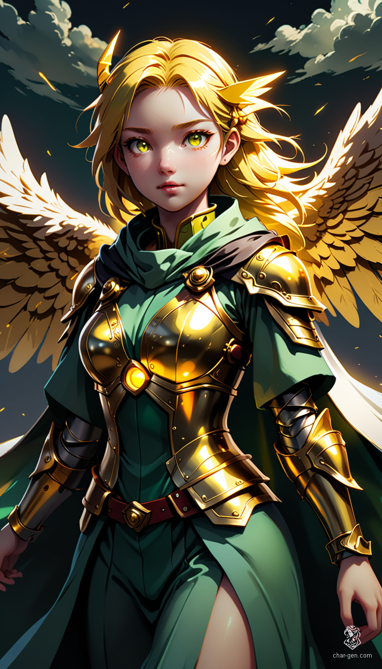 Sigarda, a stunning female angel in radiant green and gold armor, soars gracefully through a vibrant sky. With flowing golden hair, glowing golden eyes, and a serene expression, she embodies ethereal beauty. Her dynamic pose and bold colors exude power and grace, captivating all who behold her.
