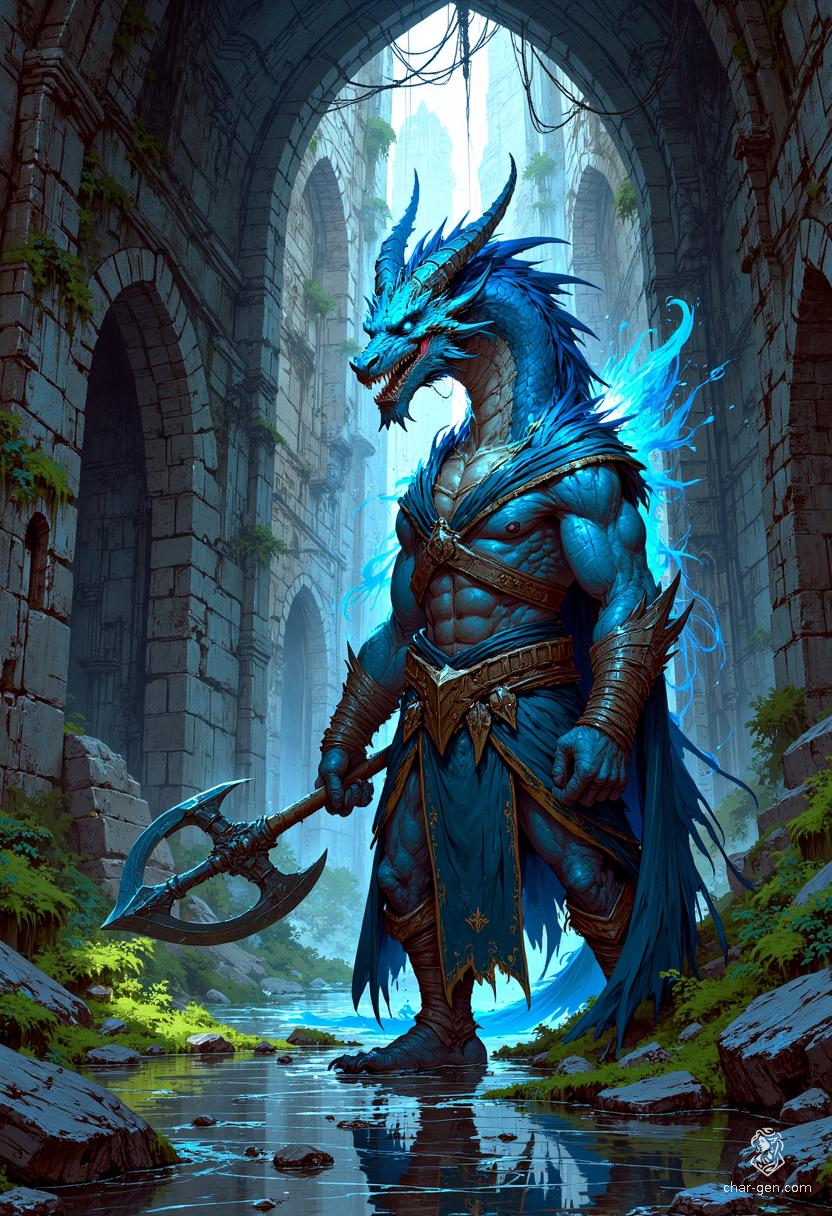 Az'ur Sininen, a noble dragonborn barbarian, stands at 6'7" with striking blue scales and dark blue eyes. A folk hero wielding a morningstar, he exudes strength and agility. Clad in an intricately shifting cloak, Az'ur embodies sincerity, haunted yet proud of his past, driven by authenticity and resilience.