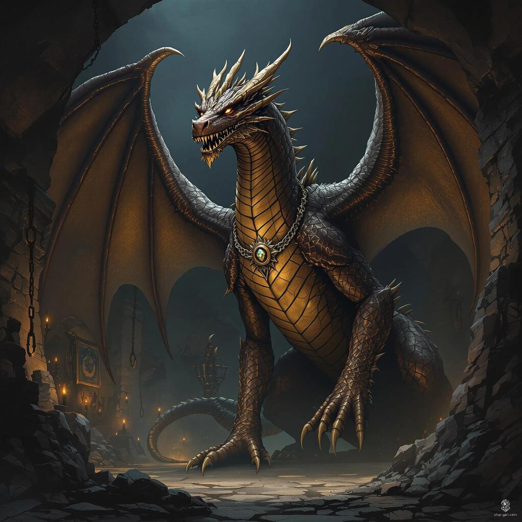 A gigantic ancient dragon with gleaming bronze scales and imposing bronze wings, its battle-scarred skin reflects ambient light. A medallion on its forehead glints with a majestic aura, contrasting sharply against its rugged, brown-textured hide.