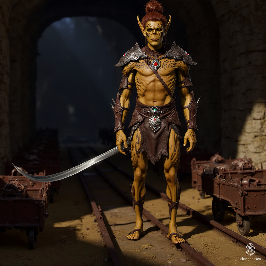 The tall, gaunt githyanki exudes an unsettling aura, with rough, dirty yellow skin and a Voldemort-like skull nose accentuating its eerie visage. Its russet hair, tied in a topknot, adds a touch of wildness, hinting at a fierce, unpredictable nature lurking beneath the surface.