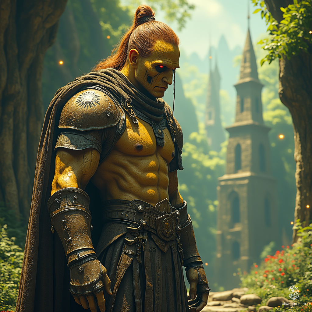 A tall, gaunt githyanki barbarian, this wild and rugged warrior boasts rough, dirty yellow skin and a Voldemort-like skull nose. His russet hair is tied in a topknot, embodying a fierce spirit and a fierce connection to his brutal, nomadic heritage.