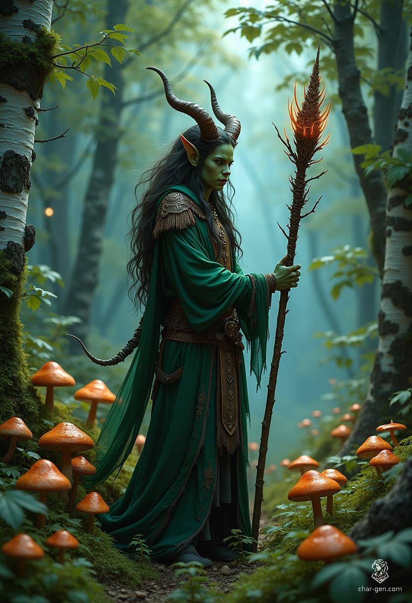 Lilith Valmoira, a wise Tiefling druid, navigates the cursed forests of Barovia with her twig-adorned staff and loyal animal companions. Distinctive for her green skin, devil-like horns, and intricate hides, she embraces her connection to nature, seeking solace among mushrooms while grappling with her dark heritage.