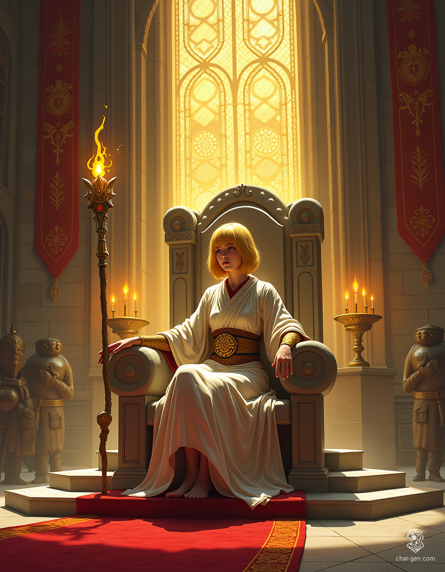 Loralyn, a serene Aasimar baroness and monk, exudes both grace and power. With radiant golden eyes and short, golden hair, she commands respect in her dimly lit throne room, adorned with celestial symbols. Clad in modest robes, she wields a glowing quarterstaff, ready to defend against encroaching fey threats.