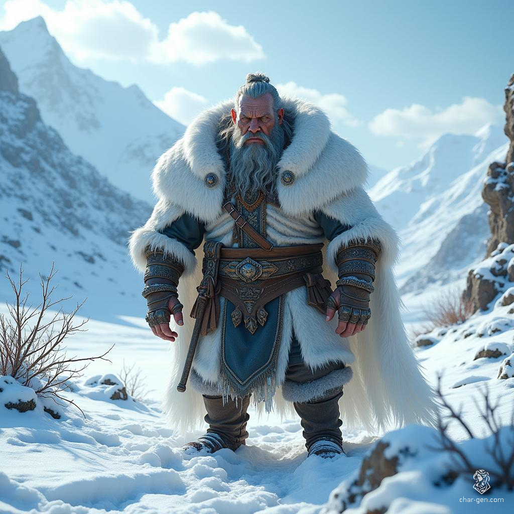 Elderly yet formidable, this rugged barbarian chief commands respect with his hulking presence. Dressed in simple villager attire and a striking white fur cloak, his fierce demeanor masks a lifetime of leadership, survival, and the untamed spirit of the wilderness he calls home.