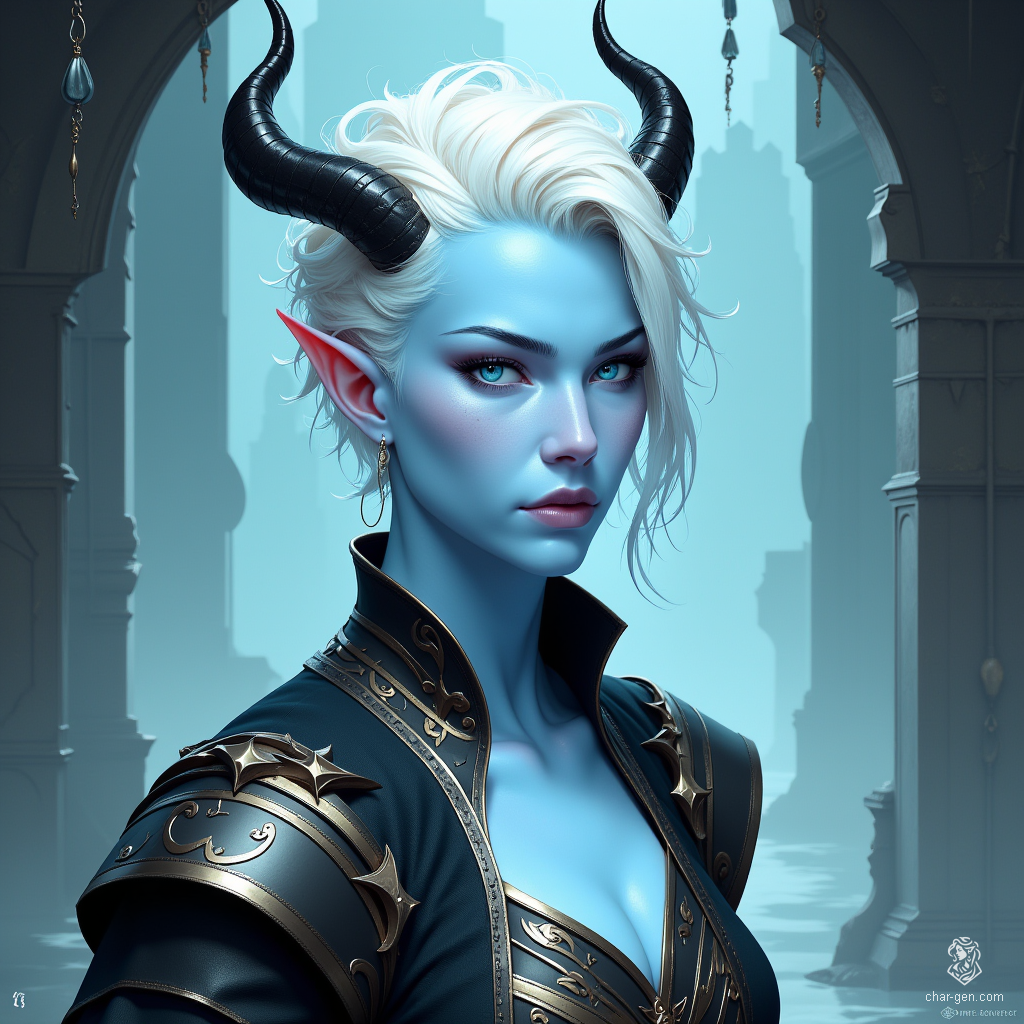 This striking female Tiefling boasts short white hair, shaved on the side, and captivating light blue skin. Her prominent horns curve elegantly, accentuating her unique beauty. Rendered in stunning 4K hyperrealistic detail, she embodies both strength and grace, a true vision of fantasy artistry.