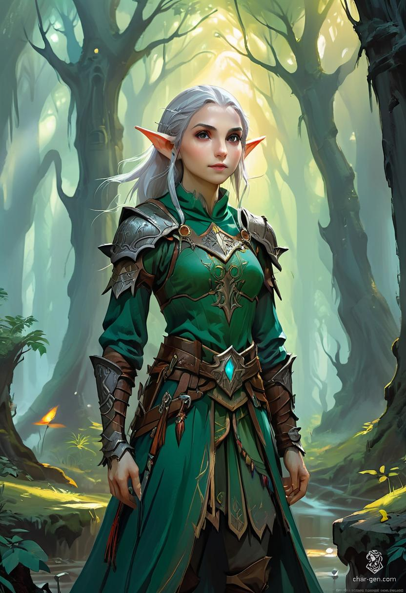 Elysia, a graceful elf with luminescent skin and silvery hair, roams the ancient woods of Eldoria. With keen eyes that see beyond the ordinary, she wields a bow of enchanted wood, protecting her realm from dark forces while embodying the wisdom and beauty of her lineage.