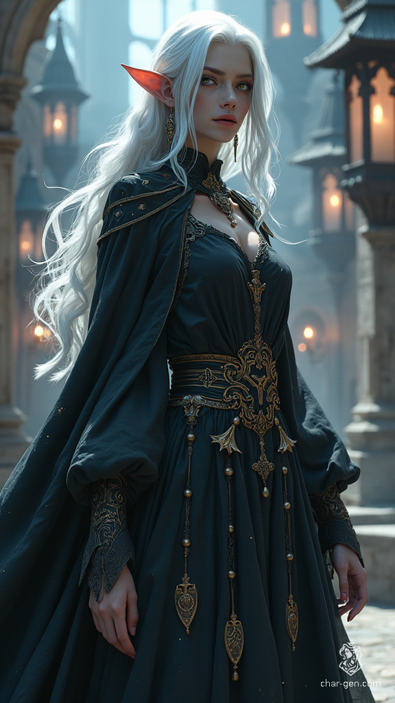 A striking black-skinned Drow sorceress with flowing white hair, adorned in enchanted garments inscribed with arcane sigils. Surrounded by a palpable aura of magic, her presence radiates power and depth.