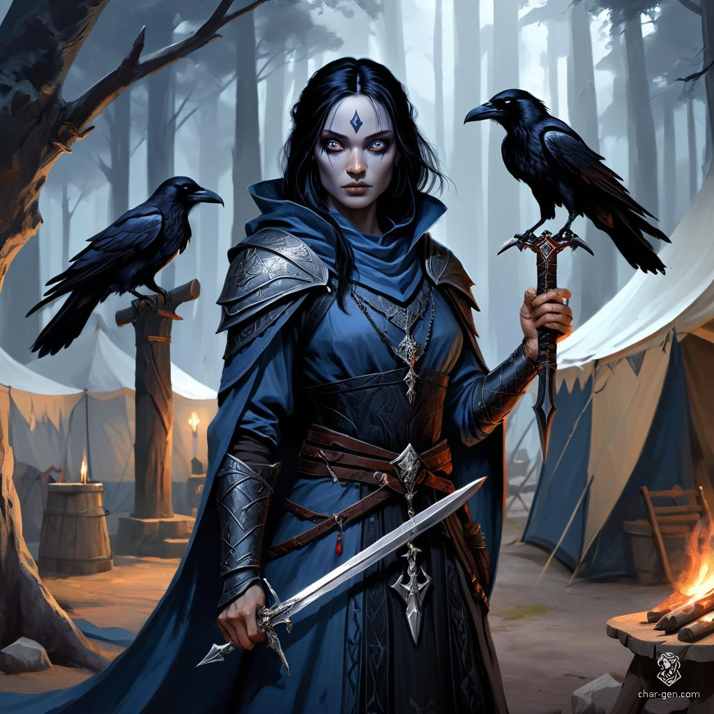 Lisette Mortan, a half-elf sorceress with angelic blood, wields arcane sigils and enchanted garments. Raven-haired with obsidian eyes and distinctive blue-grey skin, she emanates dark charm. Raised by fey after fleeing a painful past, Lisette masters healing magic but remains easily deceived due to her innate trustfulness.