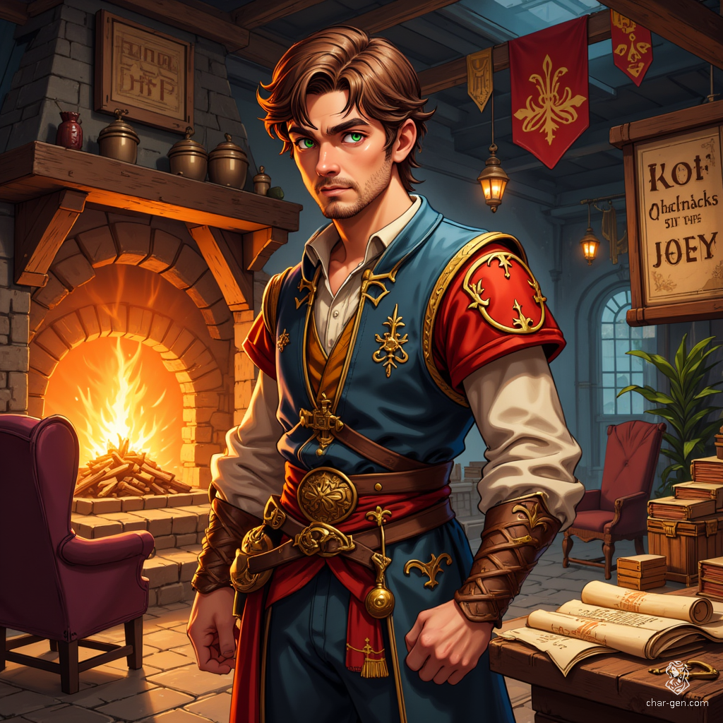 A resourceful male merchant thrives amidst crates and scrolls, skillfully bartering exotic goods. Surrounded by detailed maps and ledgers, his sharp human features reflect a life of adventure and trade from distant lands, embodying cunning and charm in equal measure.