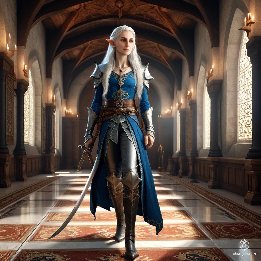 A highborn Celestial Eladrin Swashbuckler, she is a slender, agile figure with long silver hair and piercing blue eyes. Skilled in combat with a rapier and shortbow, she possesses darkvision, Fey Ancestry, and advanced abilities like Uncanny Dodge. Driven by noble obligation and a curiosity for rare items.